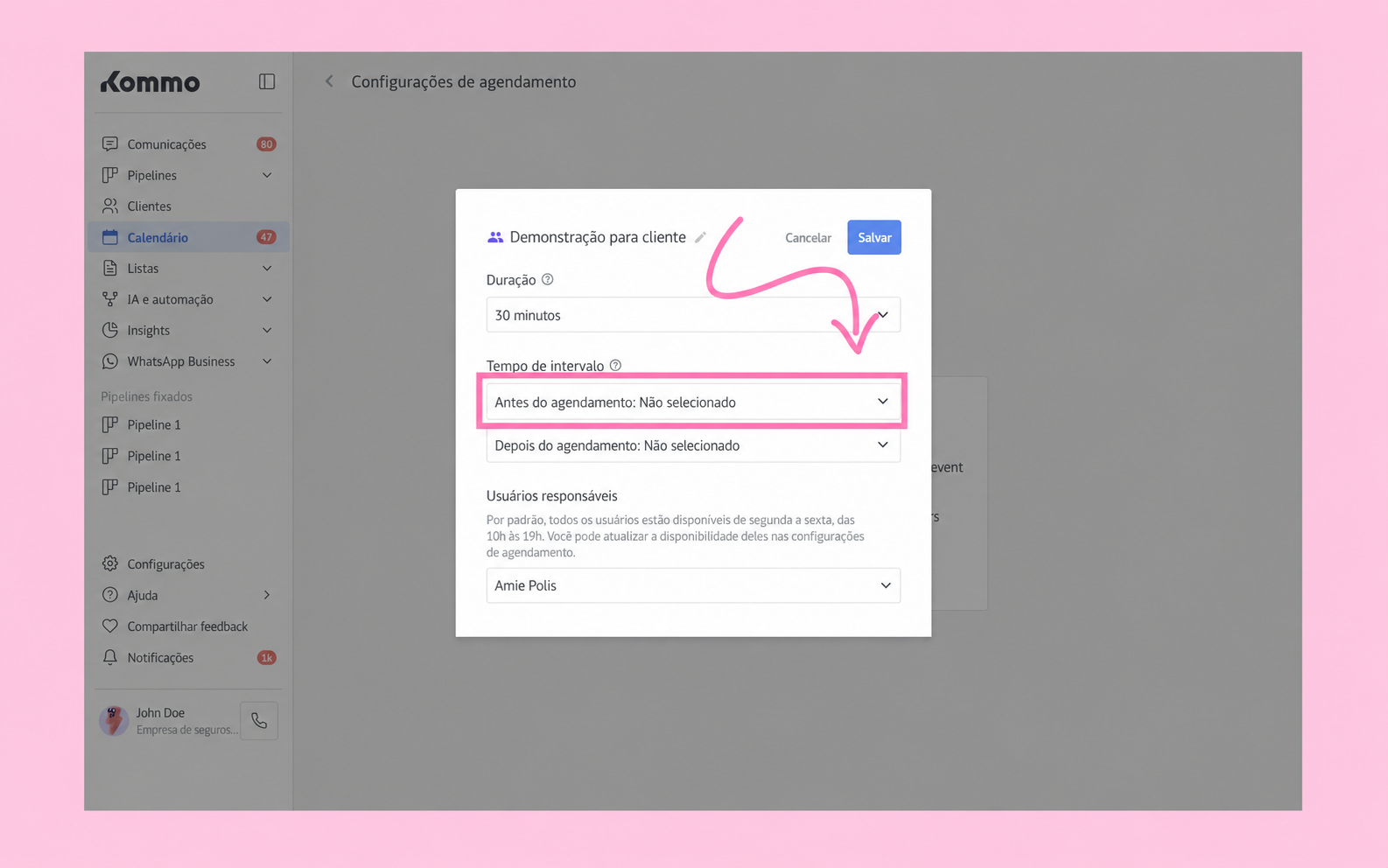 Client scheduling settings with highlighted options for time intervals and user responsibilities.